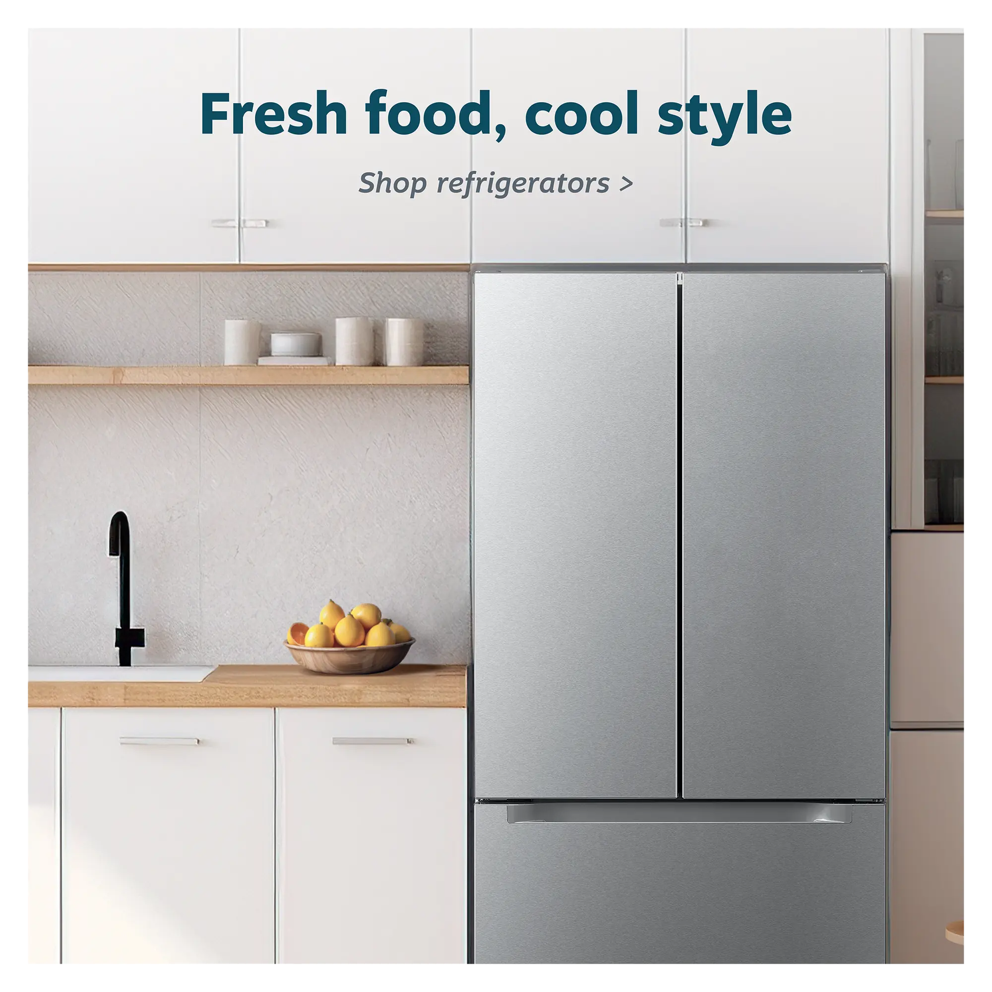 Element french door refrigerator in kitchen