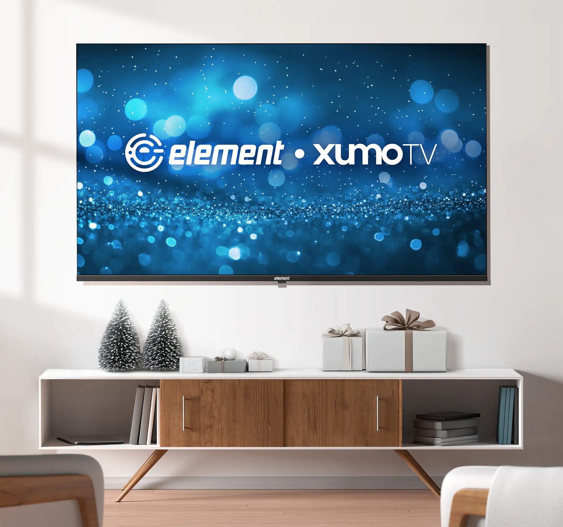 Element Xumo TV in festive holiday living space