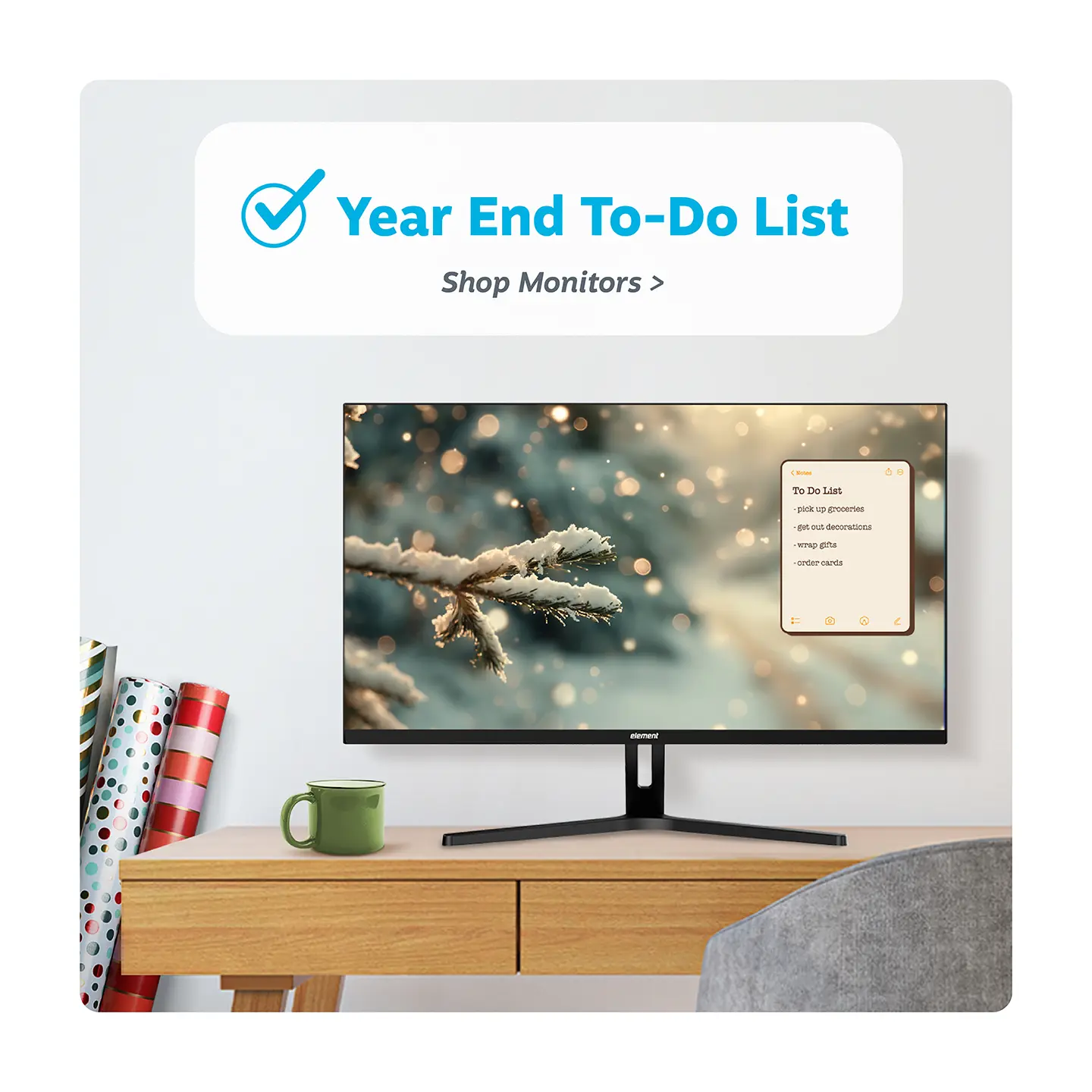Element monitor in holiday office setting